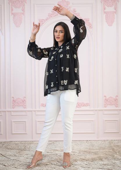 Juniper Black embroiderd and sequince tunic with buttons - Distacart