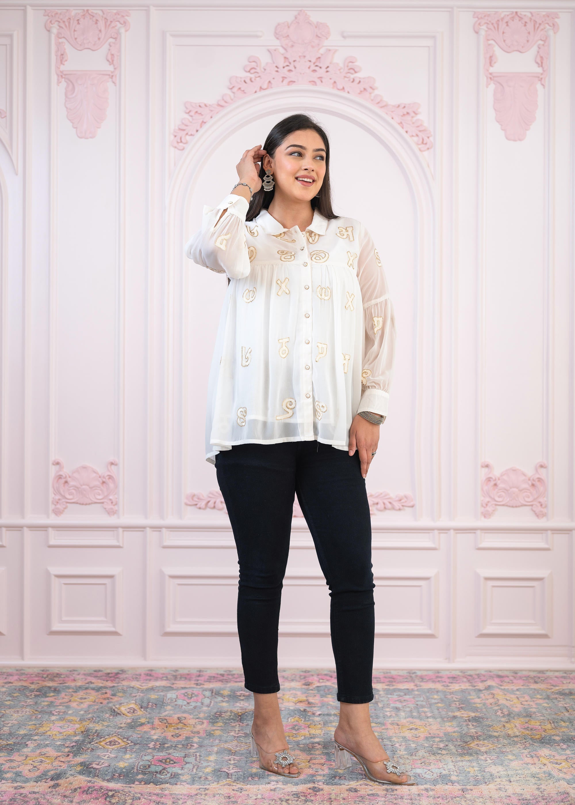 Juniper White Embroidered And Sequin Tunic With Buttons