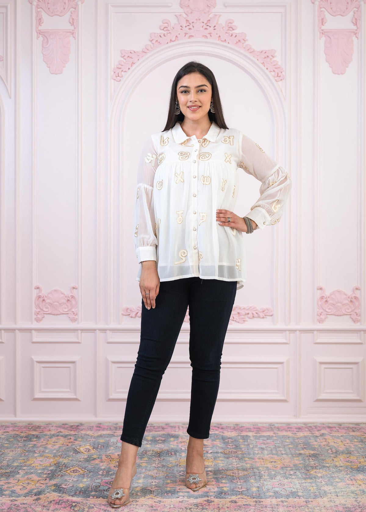 Juniper White embroiderd and sequince tunic with buttons - Distacart