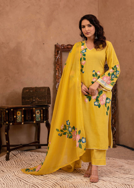 Juniper Yellow Cotton Slub Floral Printed Kurta-Pant & Dupatta Set with Lace Work - Distacart