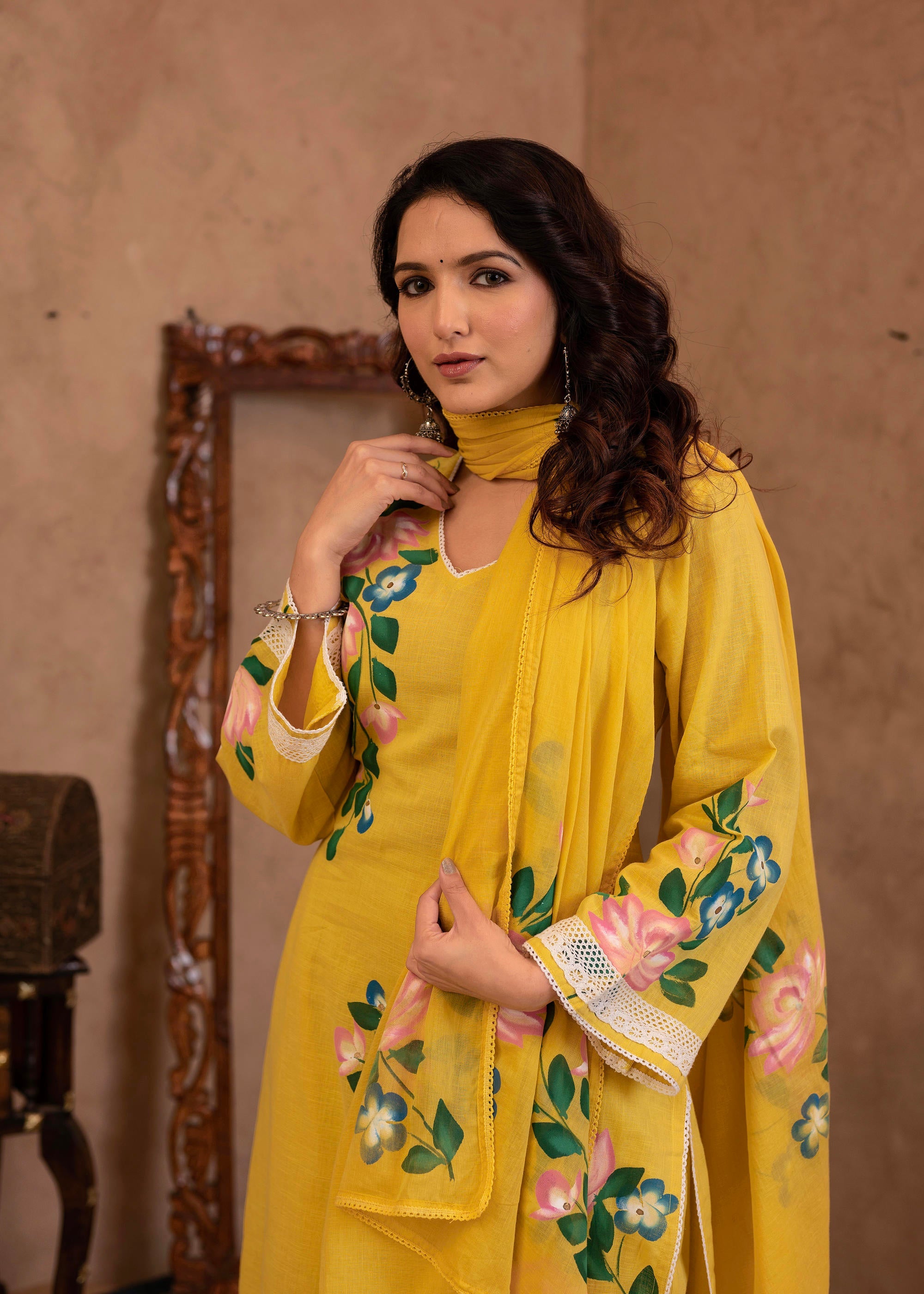 Juniper Yellow Cotton Slub Floral Printed Kurta-Pant & Dupatta Set with Lace Work - Distacart