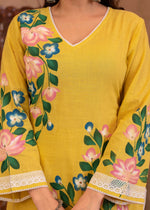 Thumbnail for Juniper Yellow Cotton Slub Floral Printed Kurta-Pant & Dupatta Set with Lace Work - Distacart