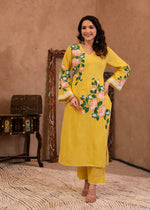Thumbnail for Juniper Yellow Cotton Slub Floral Printed Kurta-Pant & Dupatta Set with Lace Work - Distacart