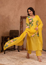 Thumbnail for Juniper Yellow Cotton Slub Floral Printed Kurta-Pant & Dupatta Set with Lace Work - Distacart