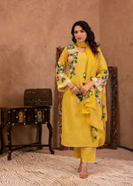 Thumbnail for Juniper Yellow Cotton Slub Floral Printed Kurta-Pant & Dupatta Set with Lace Work - Distacart