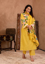 Thumbnail for Juniper Yellow Cotton Slub Floral Printed Kurta-Pant & Dupatta Set with Lace Work - Distacart