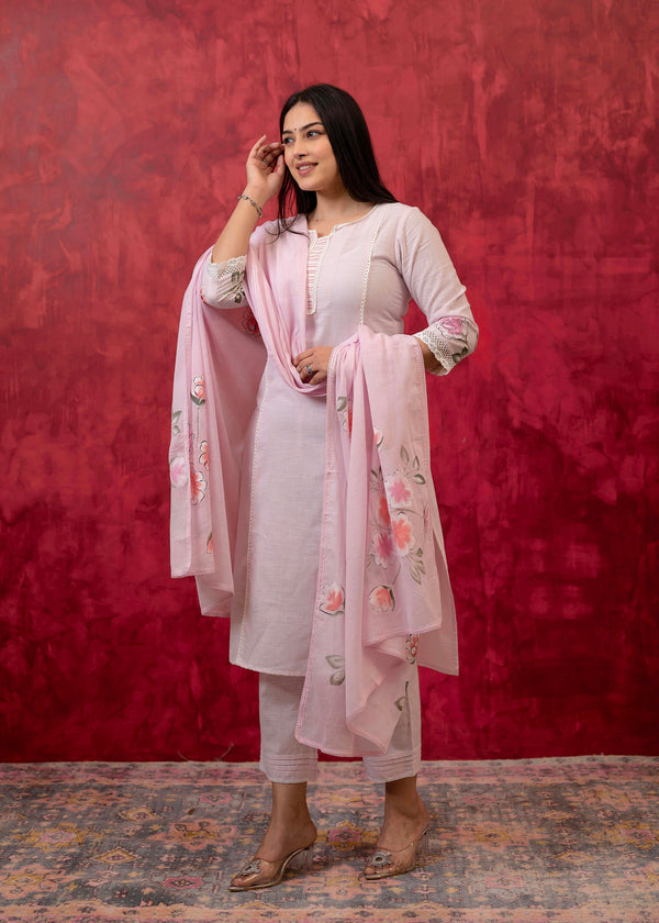 Juniper Lavender Cotton Slub Kurta-Pant Set with Lace Work & Floral Print Dupatta - Distacart