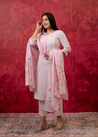 Juniper Lavender Cotton Slub Kurta-Pant Set With Lace Work & Floral Print Dupatta