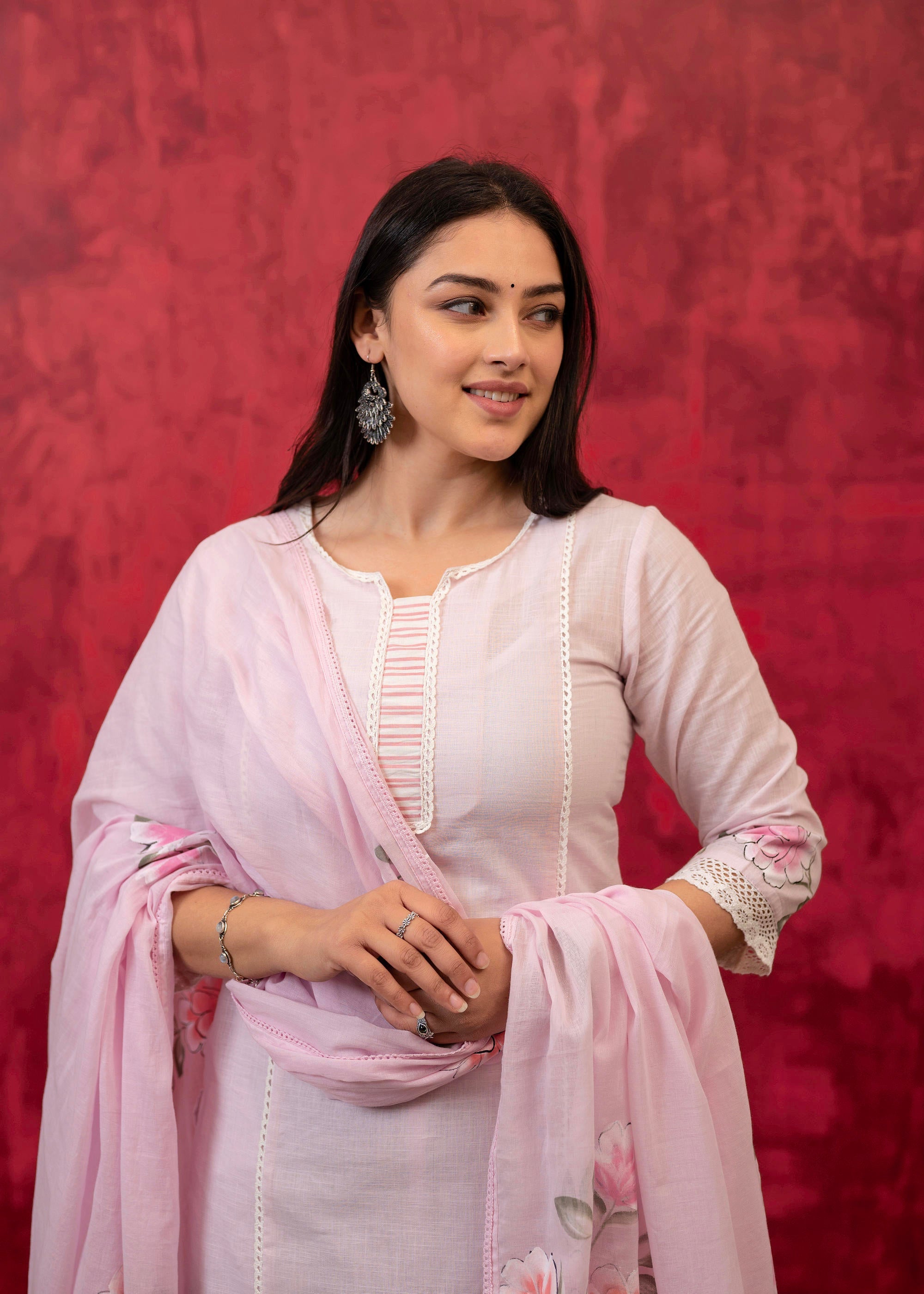 Juniper Lavender Cotton Slub Kurta-Pant Set with Lace Work & Floral Print Dupatta - Distacart
