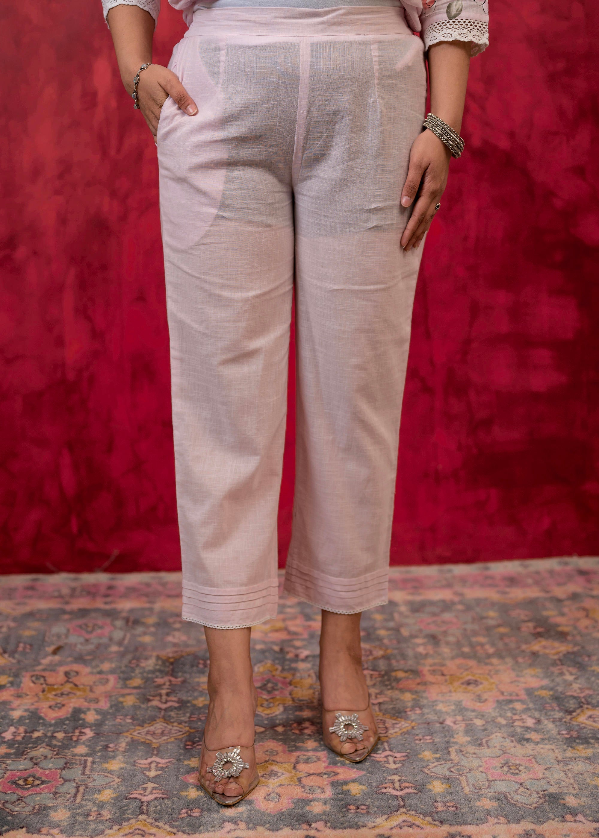 Juniper Lavender Cotton Slub Kurta-Pant Set with Lace Work & Floral Print Dupatta - Distacart