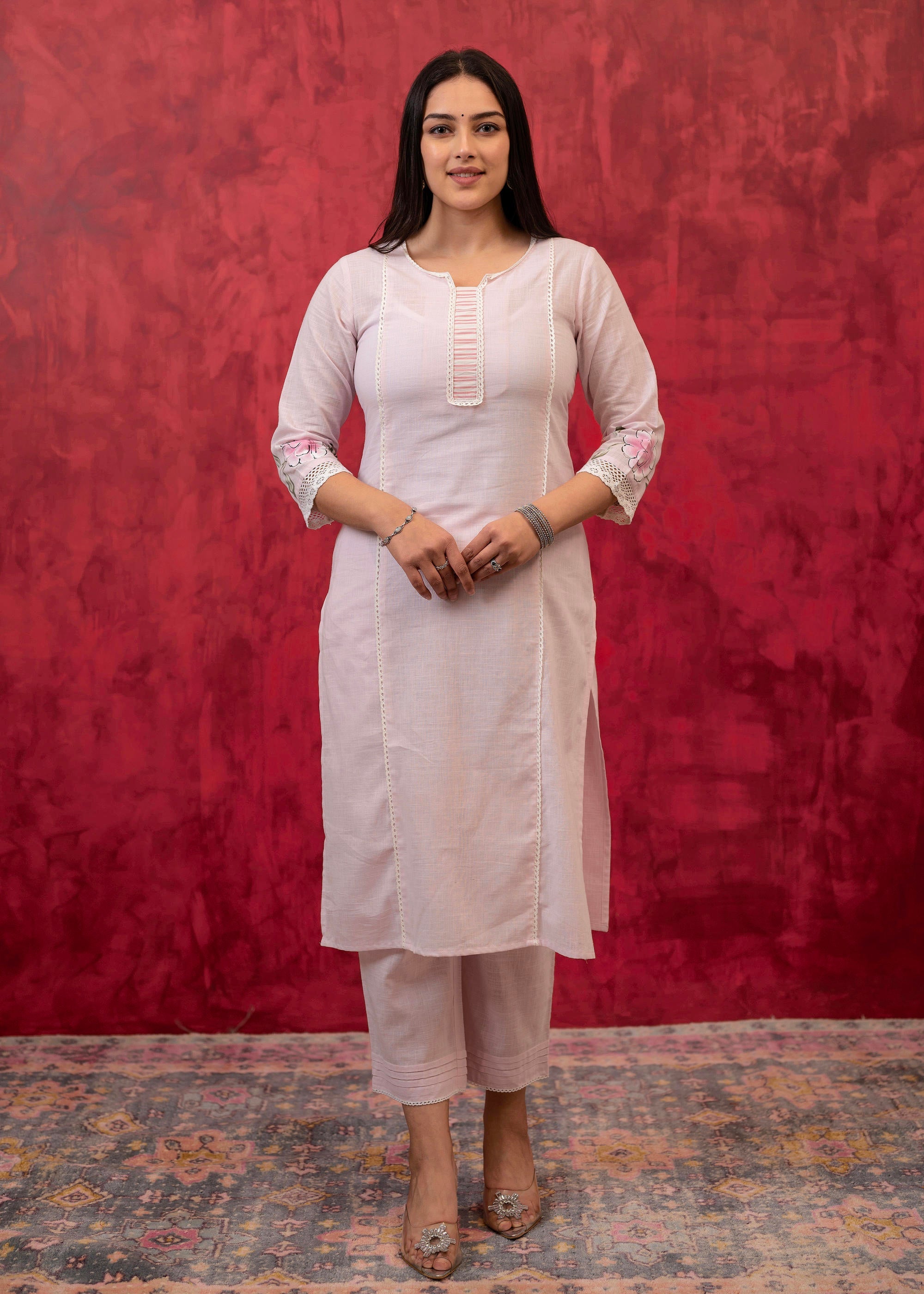 Juniper Lavender Cotton Slub Kurta-Pant Set with Lace Work & Floral Print Dupatta - Distacart