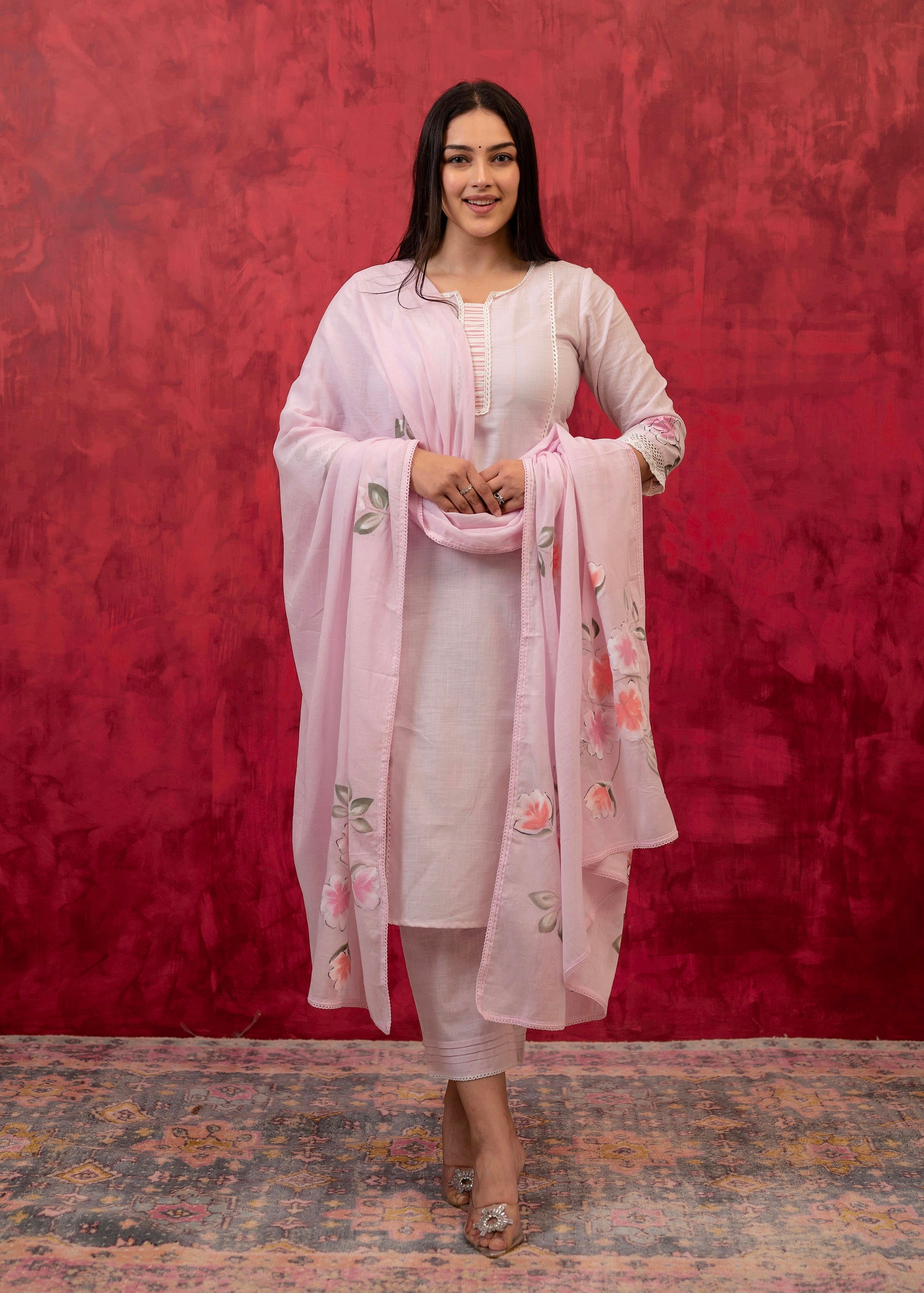 Juniper Lavender Cotton Slub Kurta-Pant Set with Lace Work & Floral Print Dupatta - Distacart