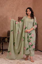 Thumbnail for Juniper Mint Cotton Slub Floral Printed Kurta-Pant & Dupatta Set with Lace, Sequins & Bead Work - Distacart