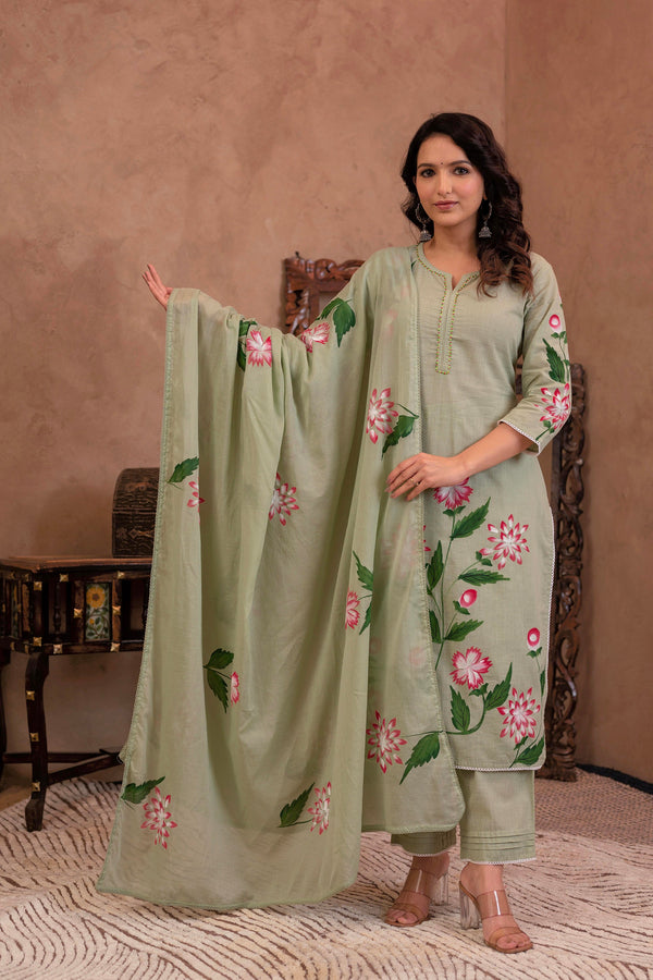 Juniper Mint Cotton Slub Floral Printed Kurta-Pant & Dupatta Set with Lace, Sequins & Bead Work - Distacart