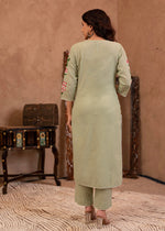Thumbnail for Juniper Mint Cotton Slub Floral Printed Kurta-Pant & Dupatta Set With Lace, Sequins & Bead Work - Distacart
