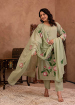 Thumbnail for Juniper Mint Cotton Slub Floral Printed Kurta-Pant & Dupatta Set With Lace, Sequins & Bead Work - Distacart
