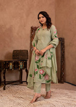Thumbnail for Juniper Mint Cotton Slub Floral Printed Kurta-Pant & Dupatta Set With Lace, Sequins & Bead Work - Distacart