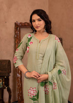 Thumbnail for Juniper Mint Cotton Slub Floral Printed Kurta-Pant & Dupatta Set With Lace, Sequins & Bead Work - Distacart