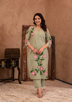 Thumbnail for Juniper Mint Cotton Slub Floral Printed Kurta-Pant & Dupatta Set with Lace, Sequins & Bead Work - Distacart