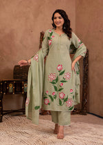 Thumbnail for Juniper Mint Cotton Slub Floral Printed Kurta-Pant & Dupatta Set with Lace, Sequins & Bead Work - Distacart