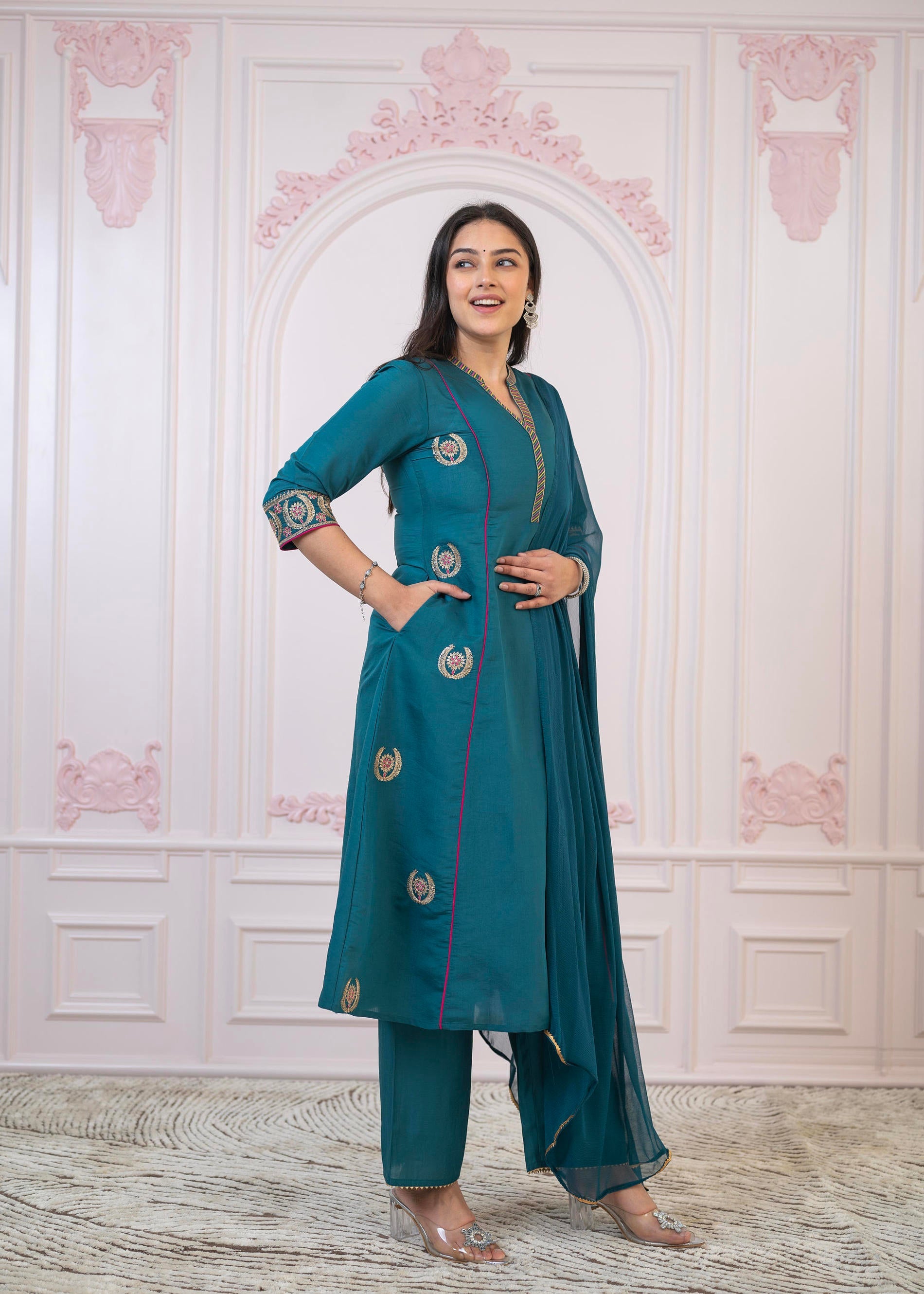 Juniper Teal Festive Kurta Set with Pant & Chiffon Dupatta – Sequin & Zari Detailing