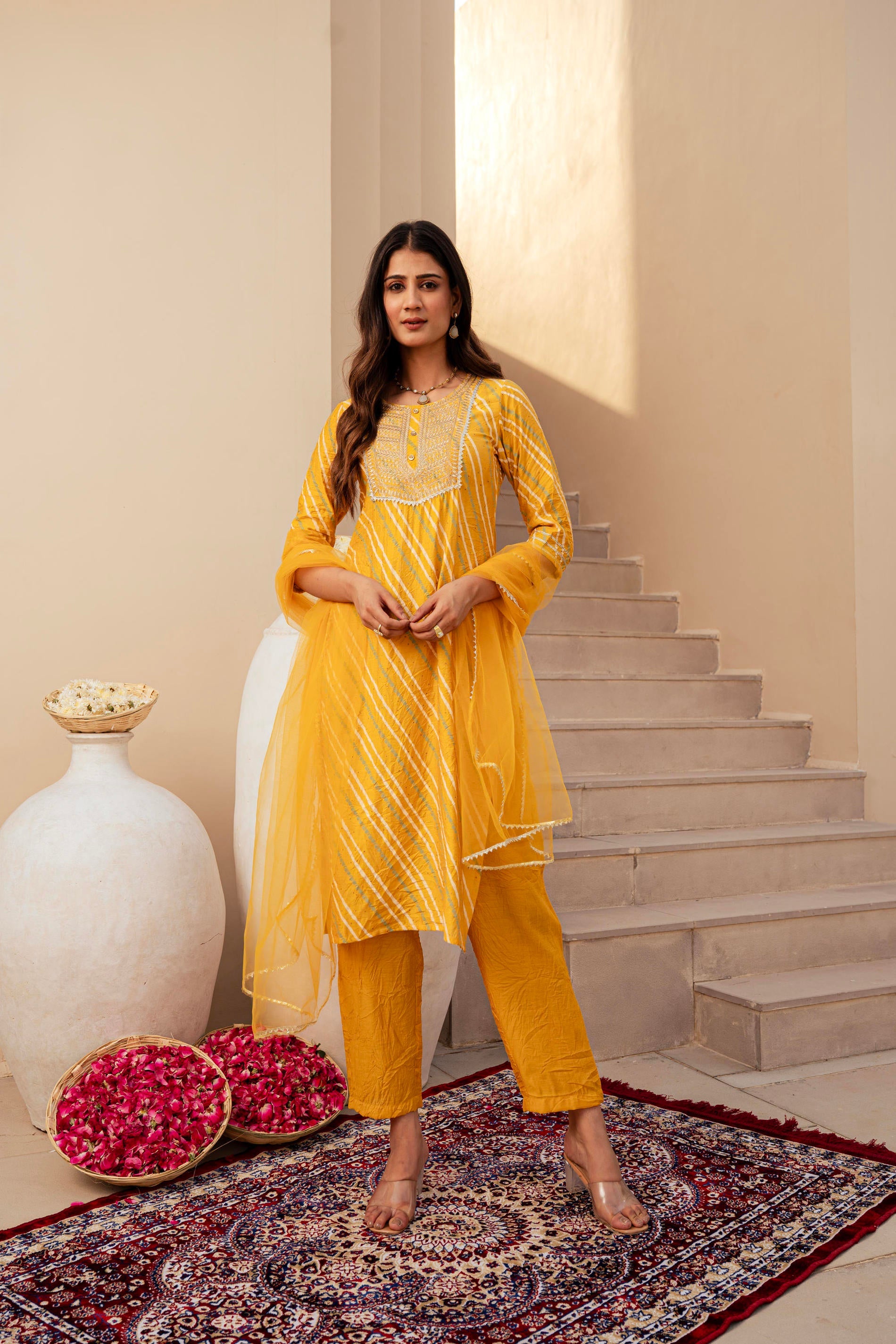 Juniper Yellow Bandhej Print Kurta Set with Embroidered Yoke and Net Dupatta