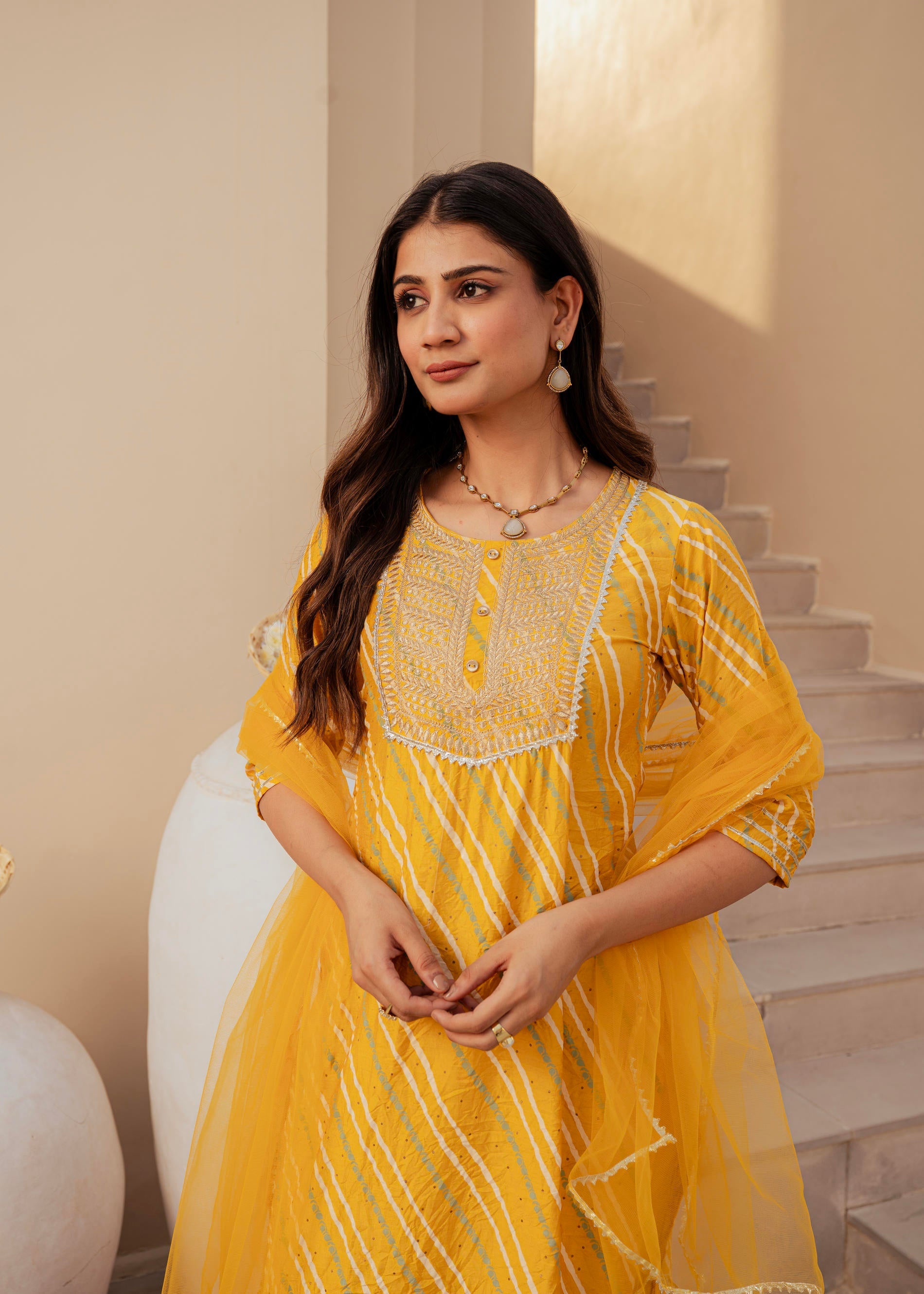 Juniper Yellow Bandhej Print Kurta Set with Embroidered Yoke and Net Dupatta
