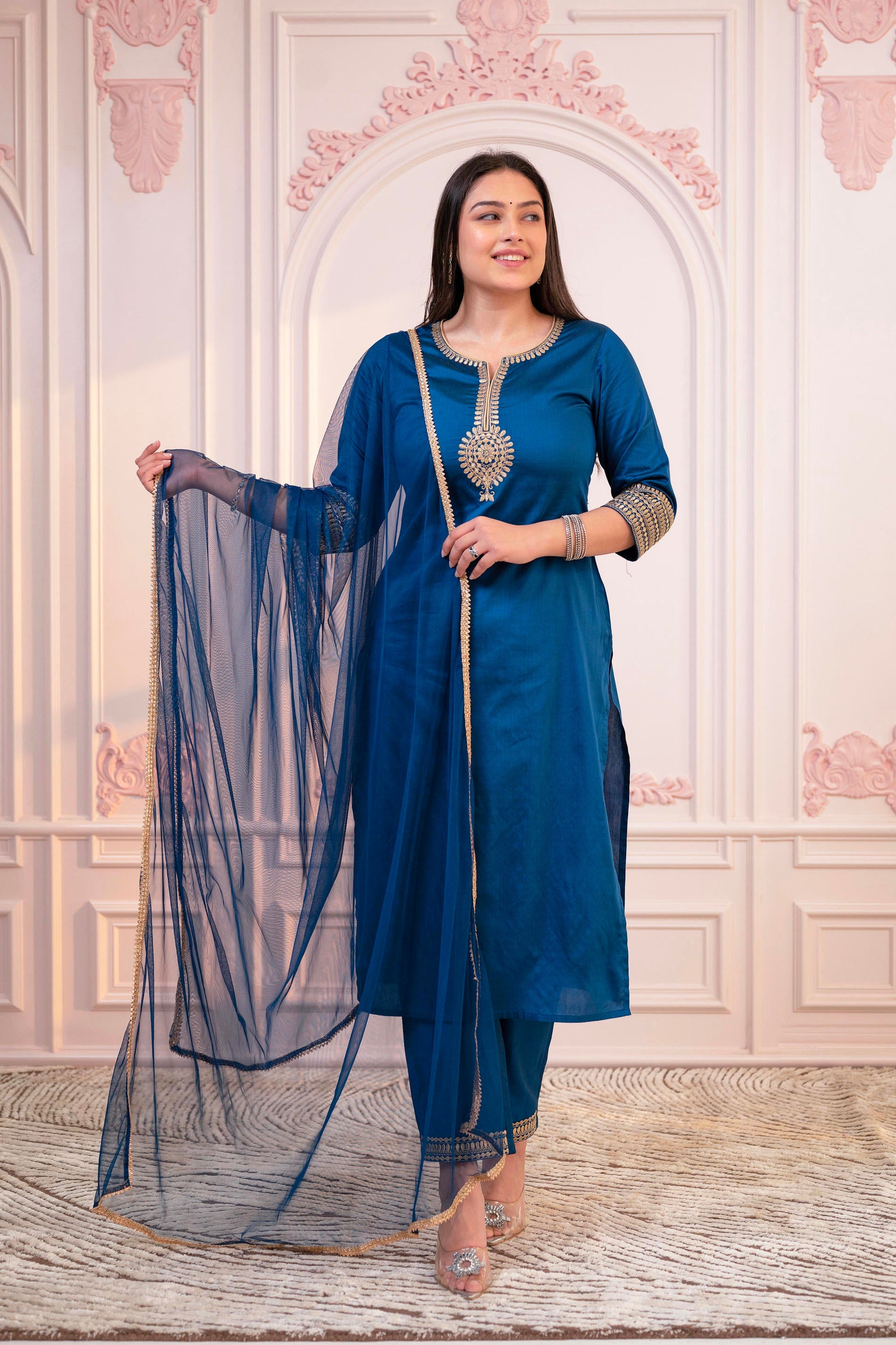 Juniper Royal Blue Embellished Kurta Set with Net Dupatta and Mirror Embroidery