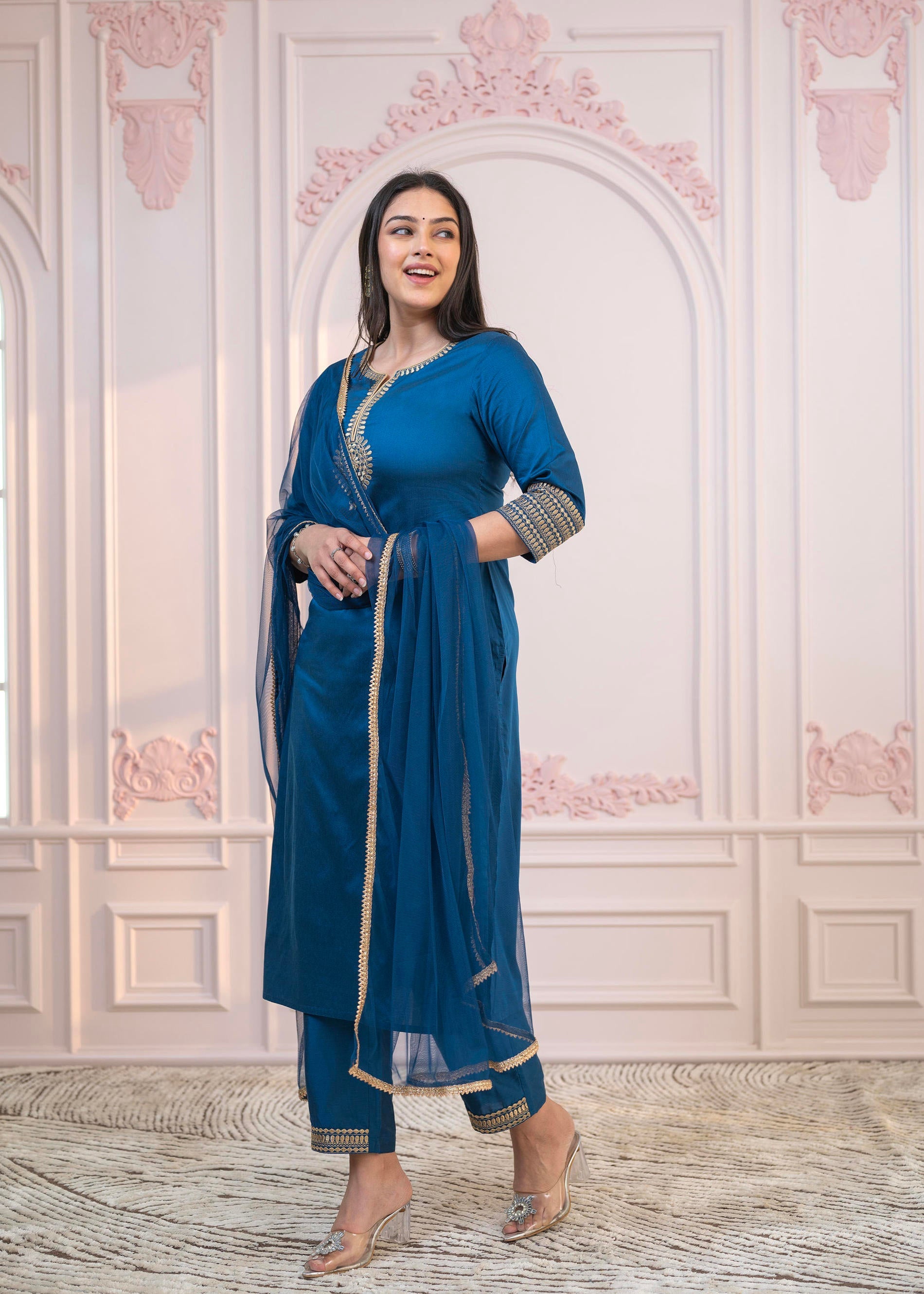 Juniper Royal Blue Embellished Kurta Set with Net Dupatta and Mirror Embroidery