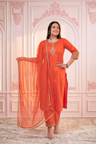 Juniper Orange Embellished Kurta Set with Net Dupatta and Mirror Embroidery