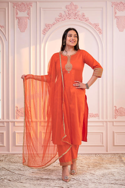Juniper Orange Embellished Kurta Set with Net Dupatta and Mirror Embroidery