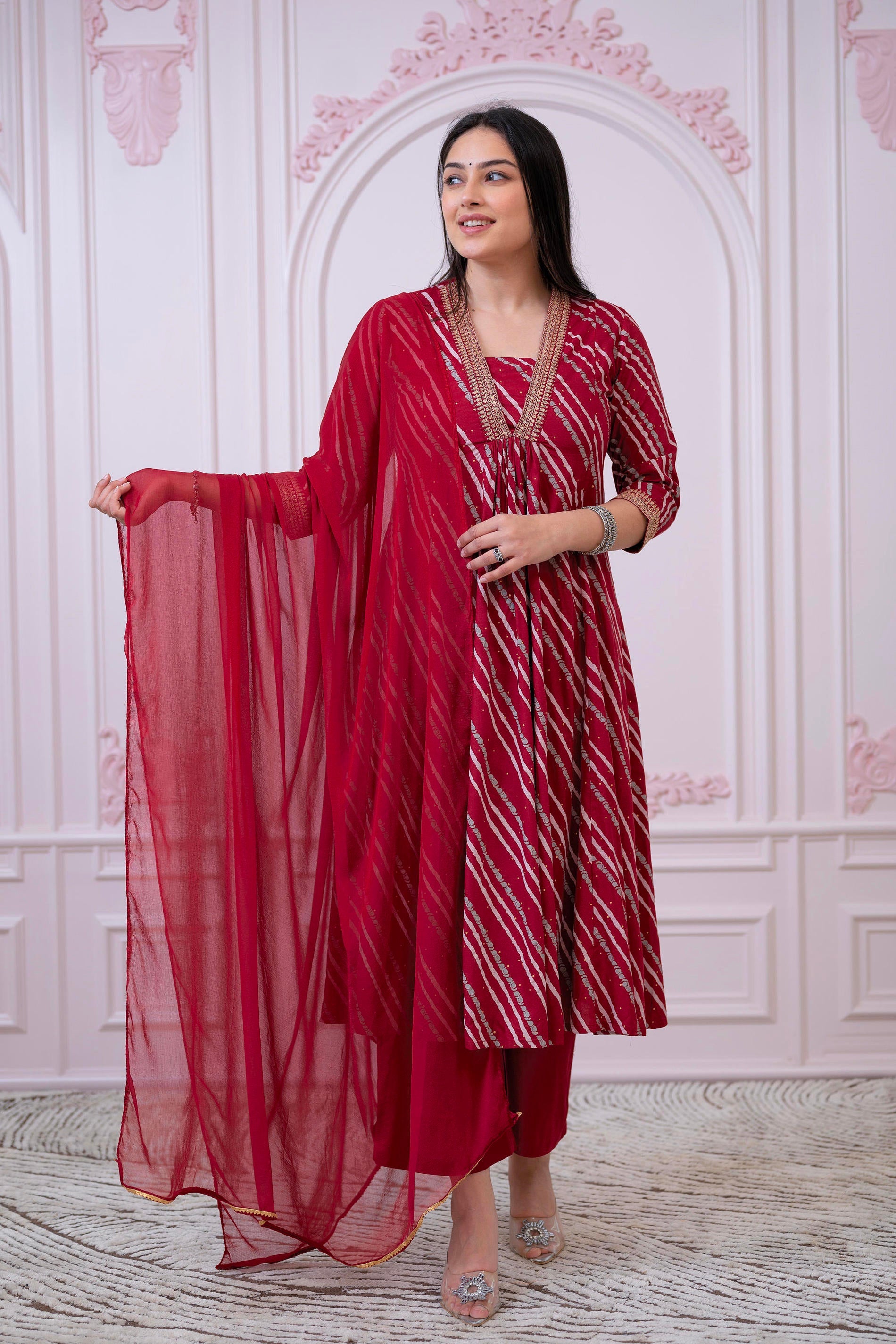 Juniper Maroon Angrakha-Style Kurta Set with Gota Work and Dupatta