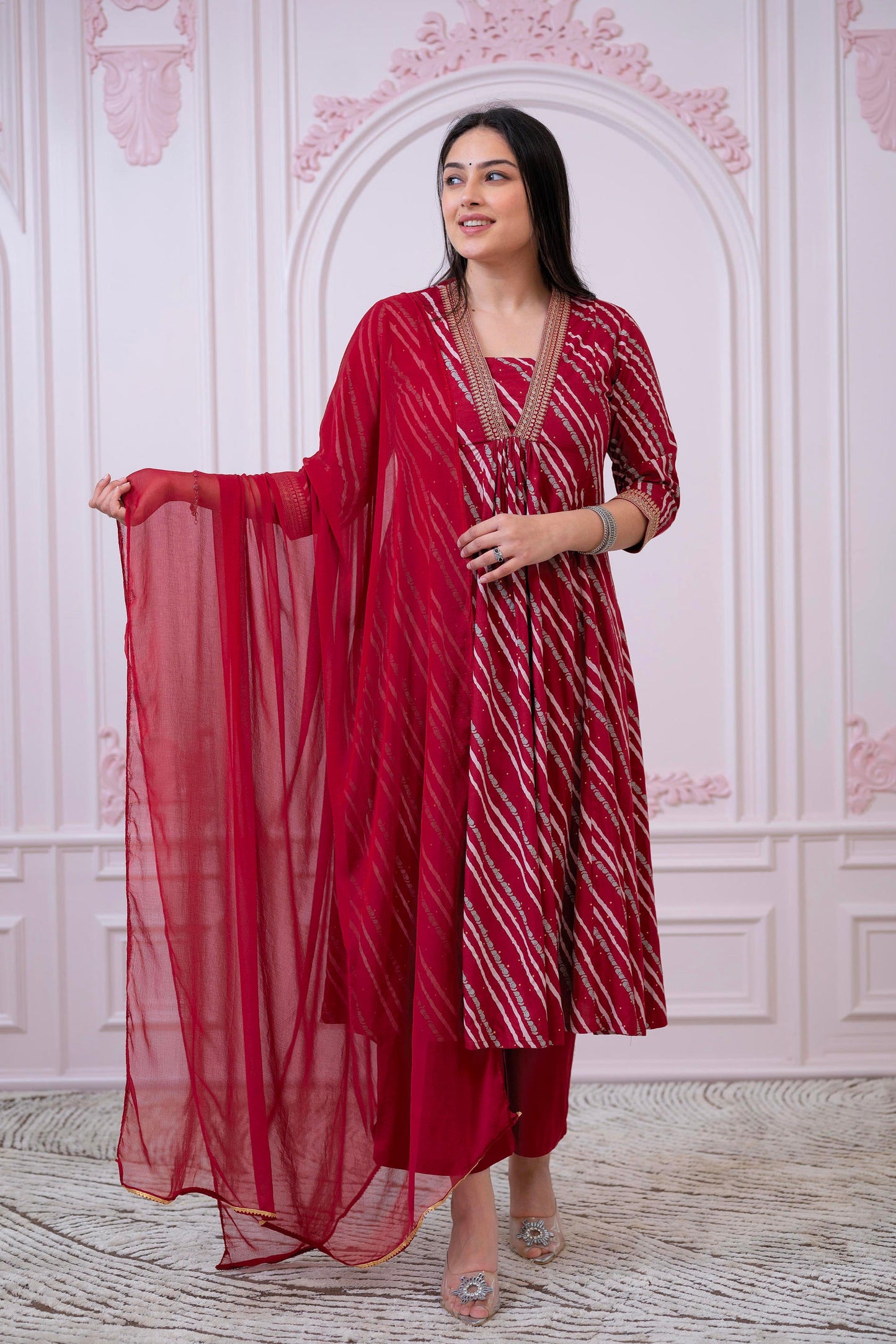 Juniper Maroon Angrakha-Style Kurta Set with Gota Work and Dupatta - Distacart