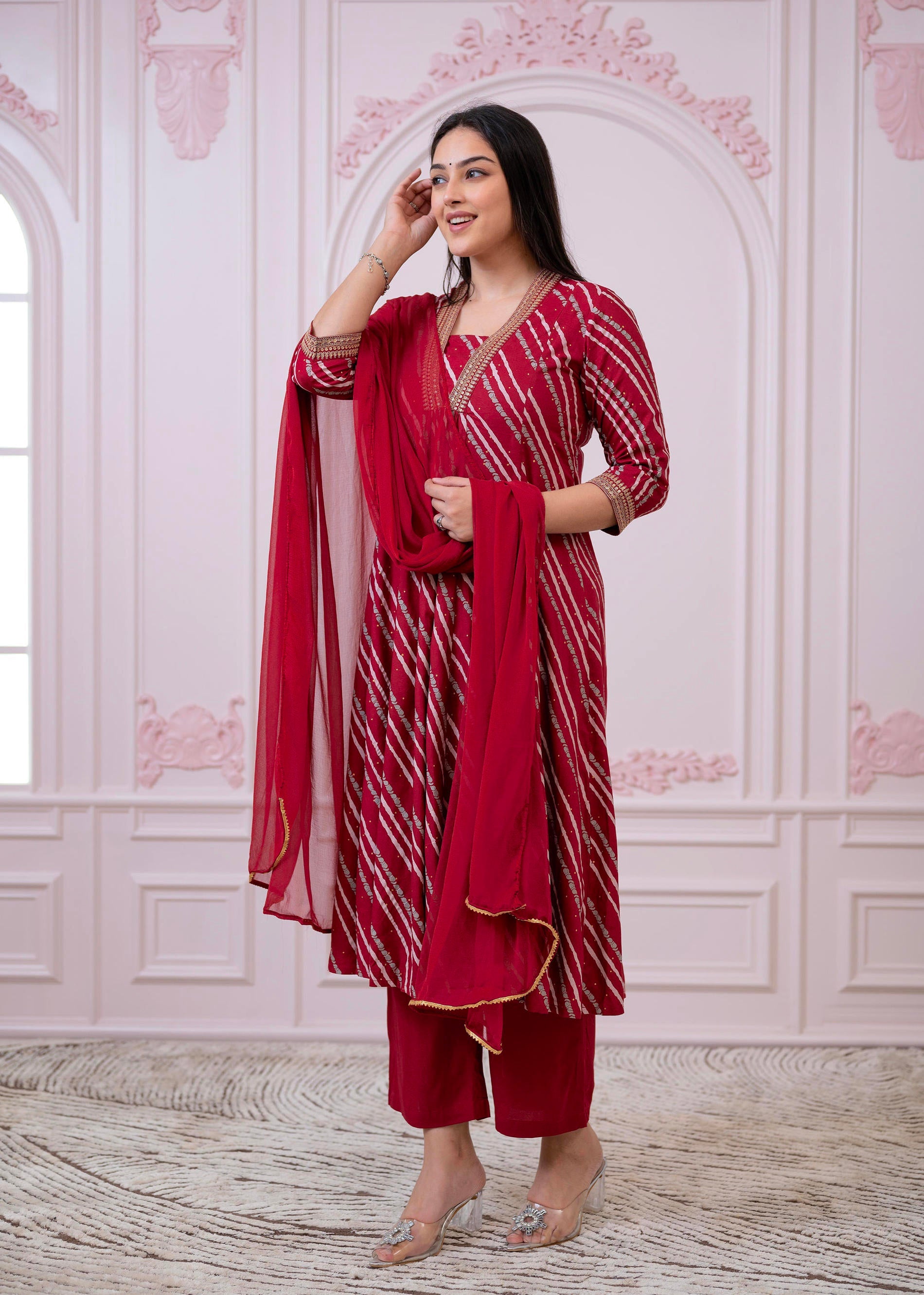Juniper Maroon Angrakha-Style Kurta Set with Gota Work and Dupatta