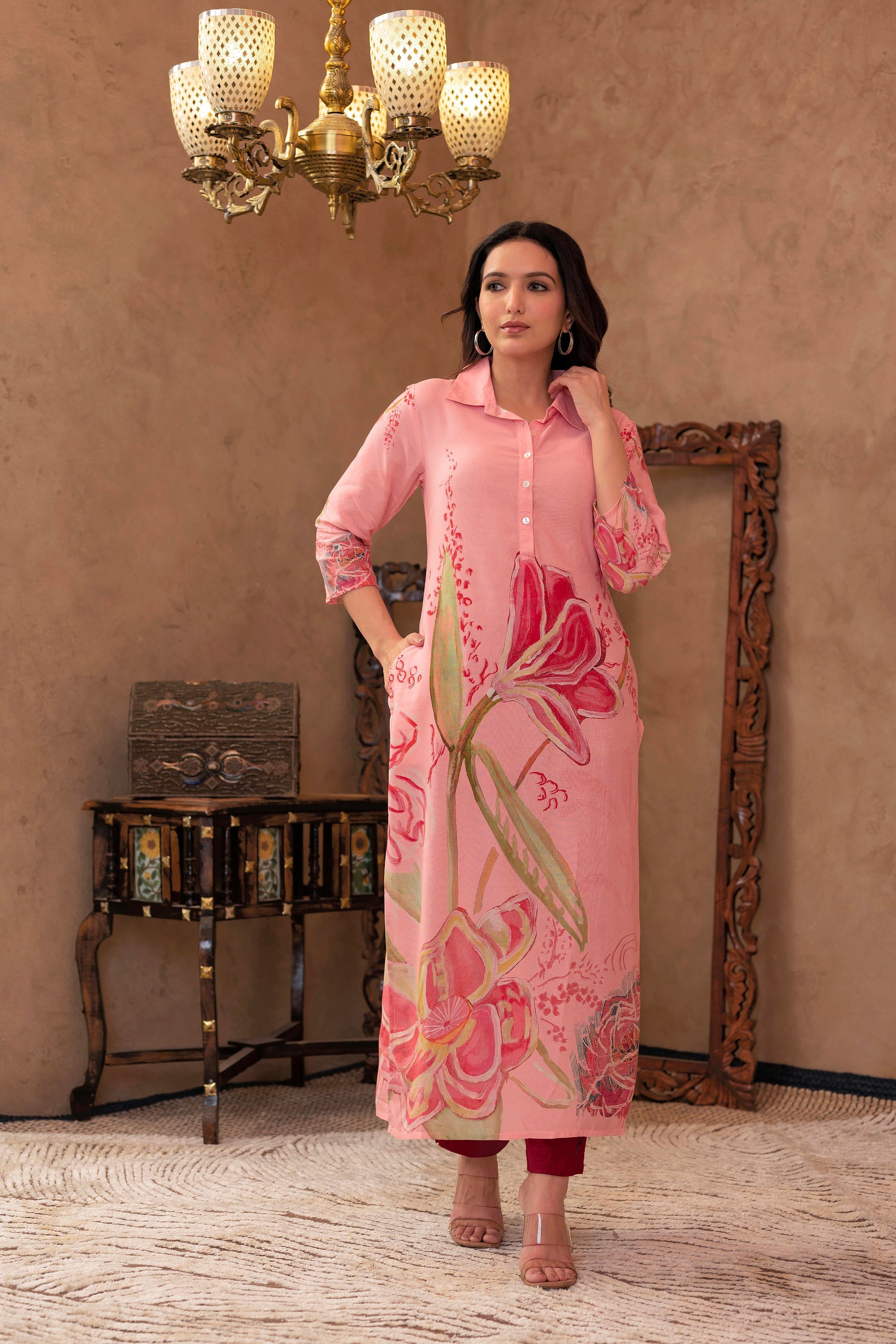 Juniper Pink Floral Printed Viscose Kurta With Button Detailing