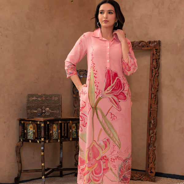 Juniper Pink Floral Printed Viscose Kurta With Button Detailing