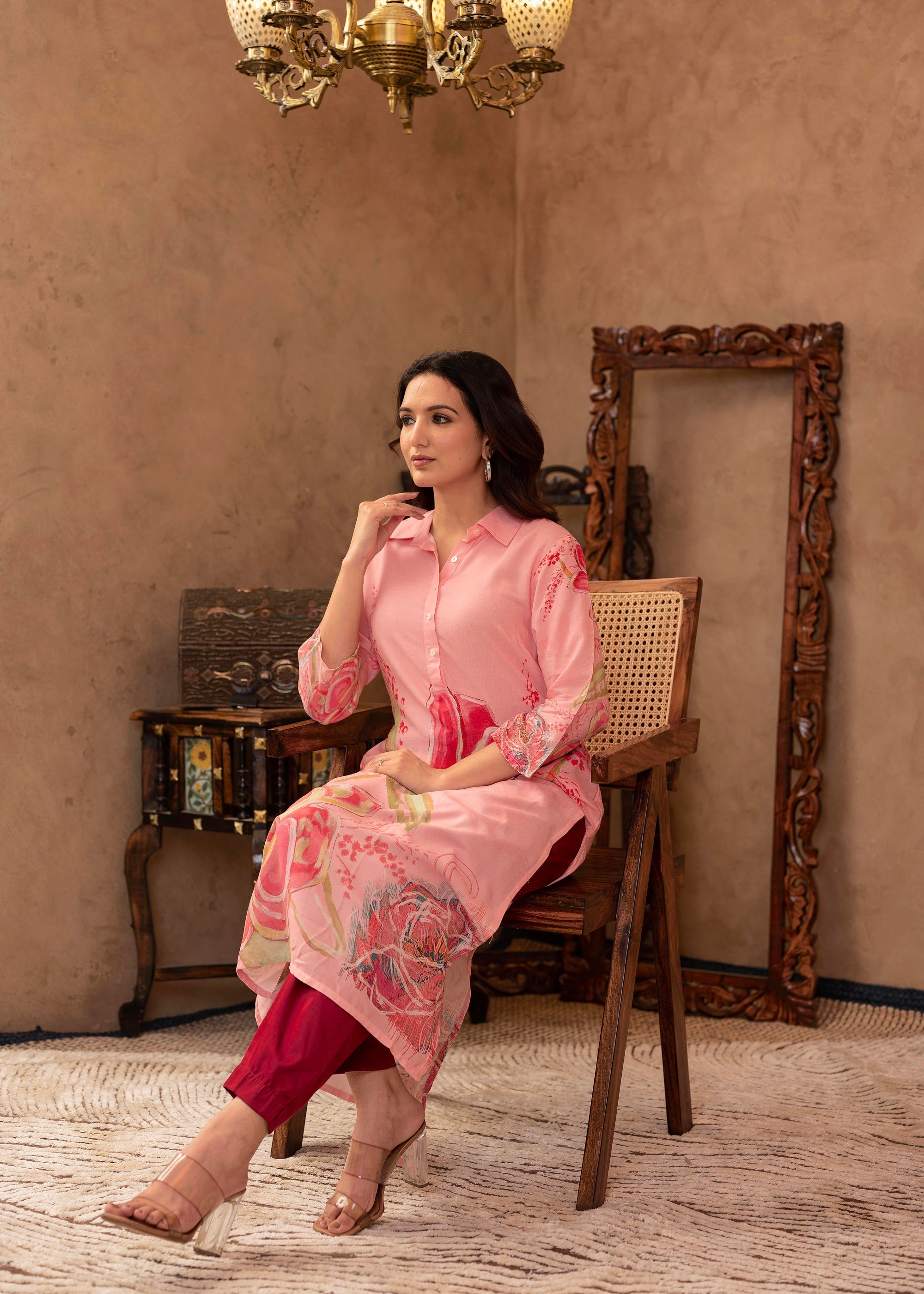 Juniper Pink Floral Printed Viscose Kurta with Button Detailing - Distacart