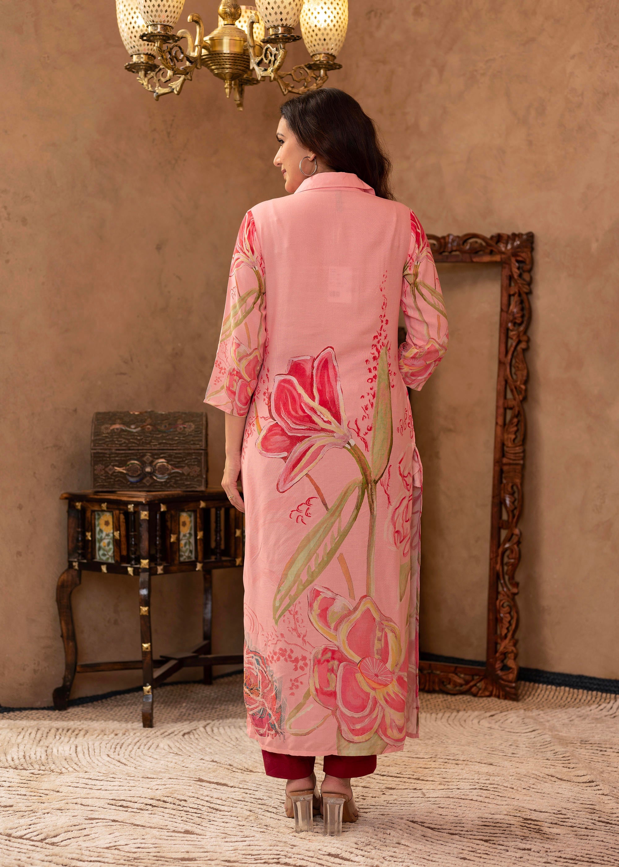 Juniper Pink Floral Printed Viscose Kurta with Button Detailing - Distacart