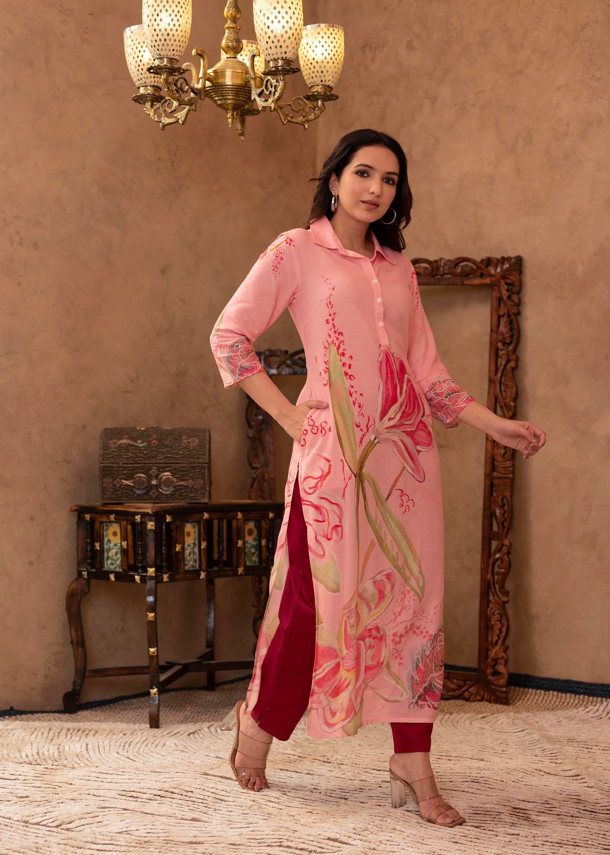 Juniper Pink Floral Printed Viscose Kurta with Button Detailing - Distacart