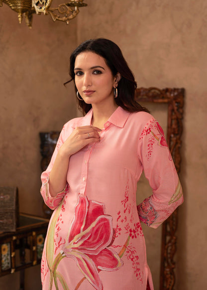 Juniper Pink Floral Printed Viscose Kurta with Button Detailing - Distacart