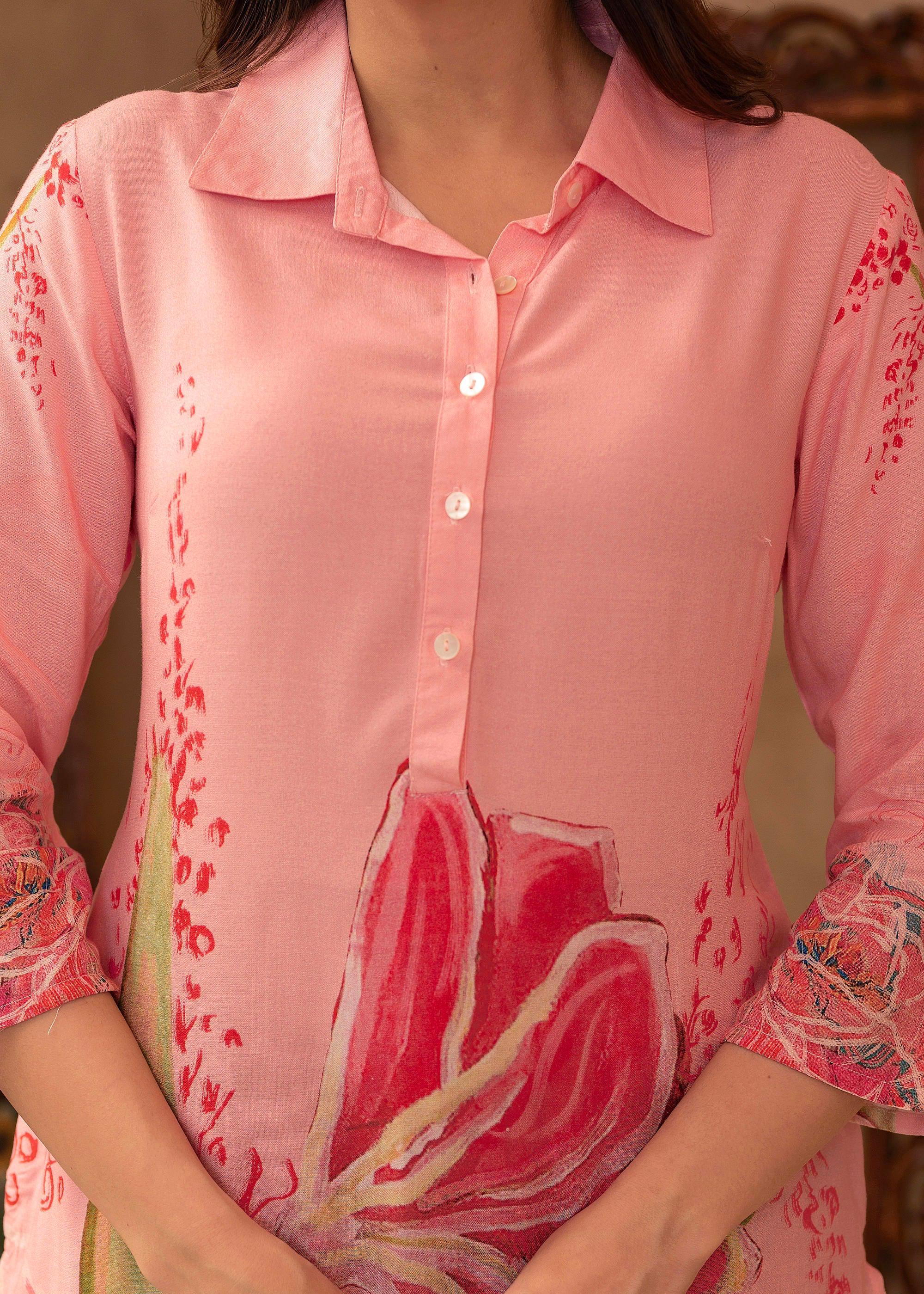 Juniper Pink Floral Printed Viscose Kurta with Button Detailing - Distacart
