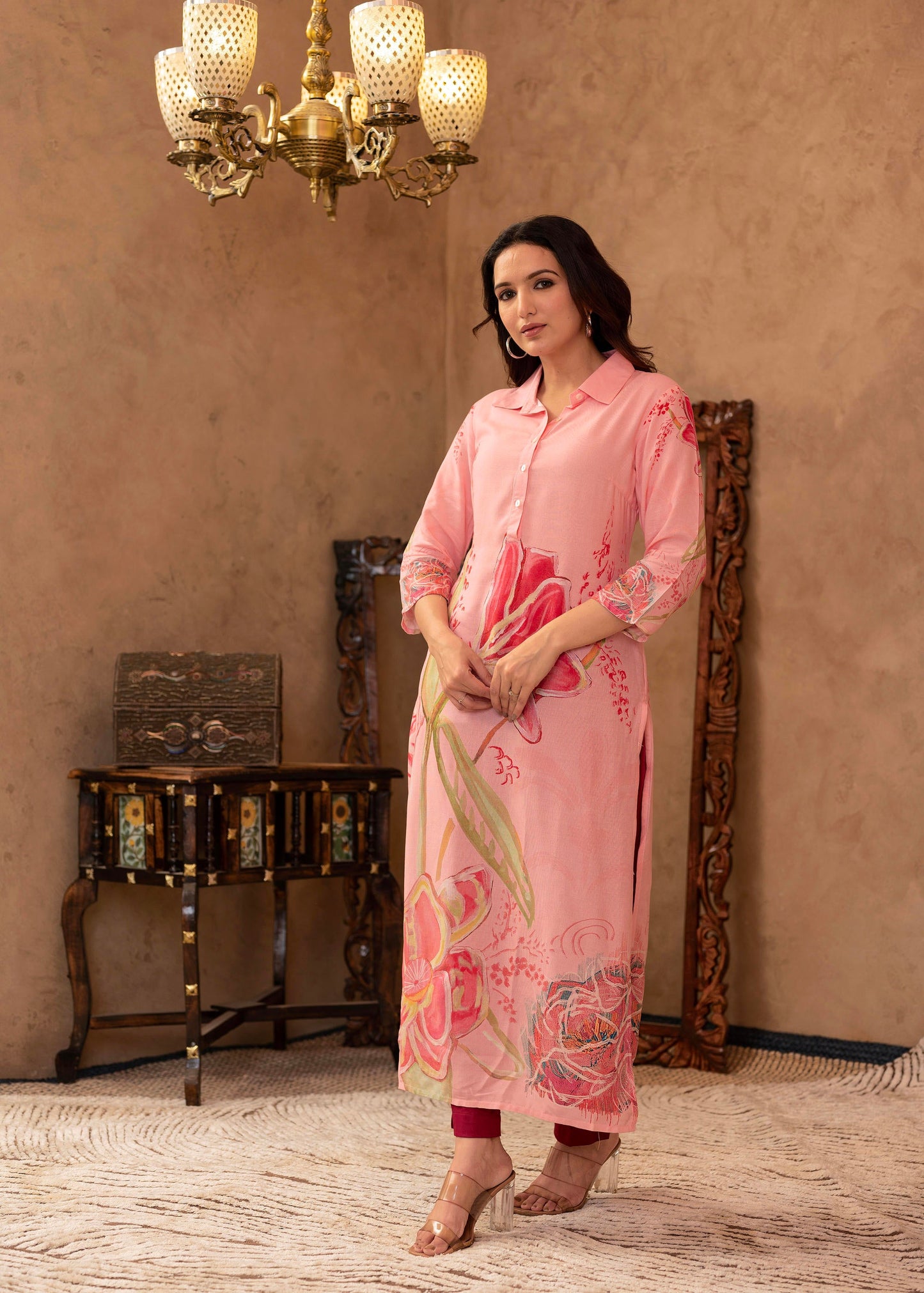 Juniper Pink Floral Printed Viscose Kurta with Button Detailing - Distacart