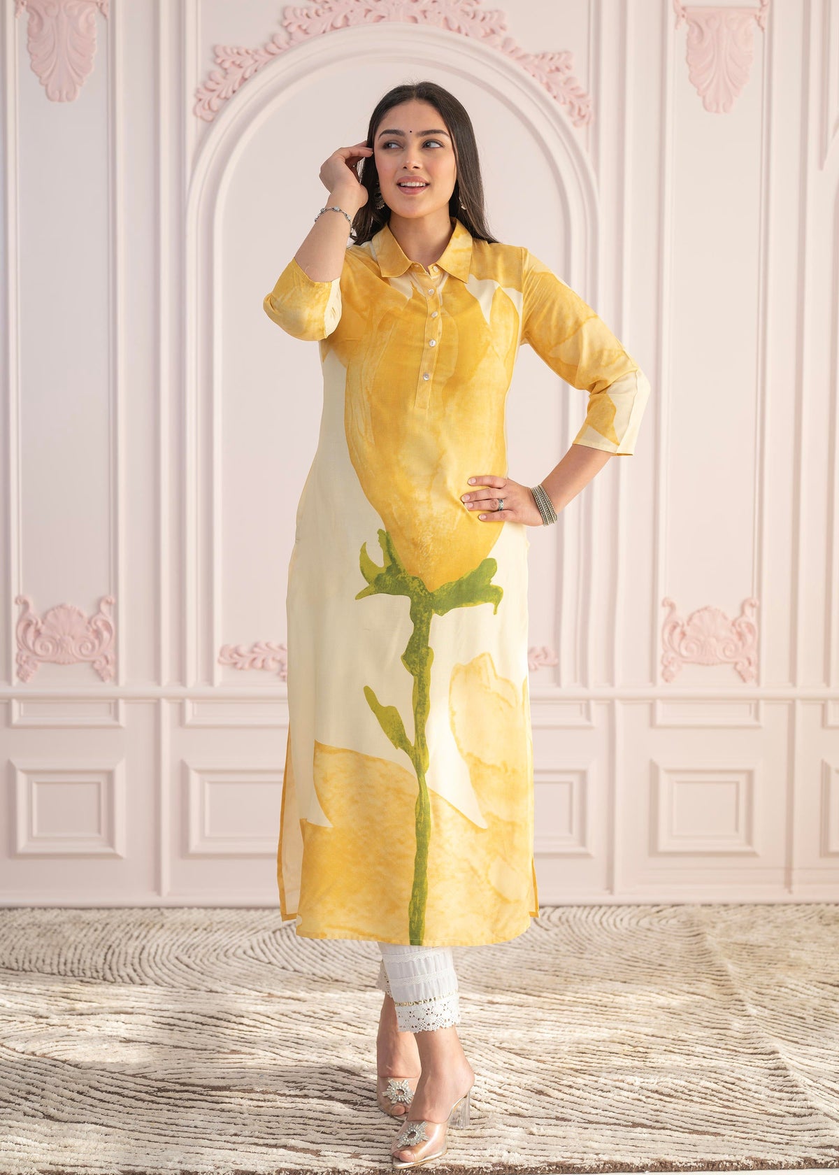 Juniper Yellow Floral Printed Viscose Kurta with Button Details - Distacart
