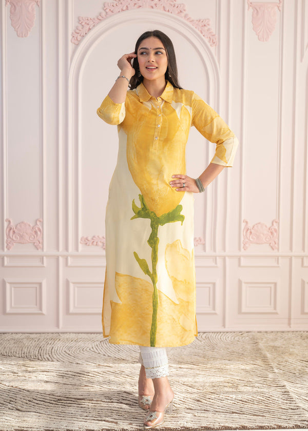 Juniper Yellow Floral Printed Viscose Kurta with Button Details - Distacart