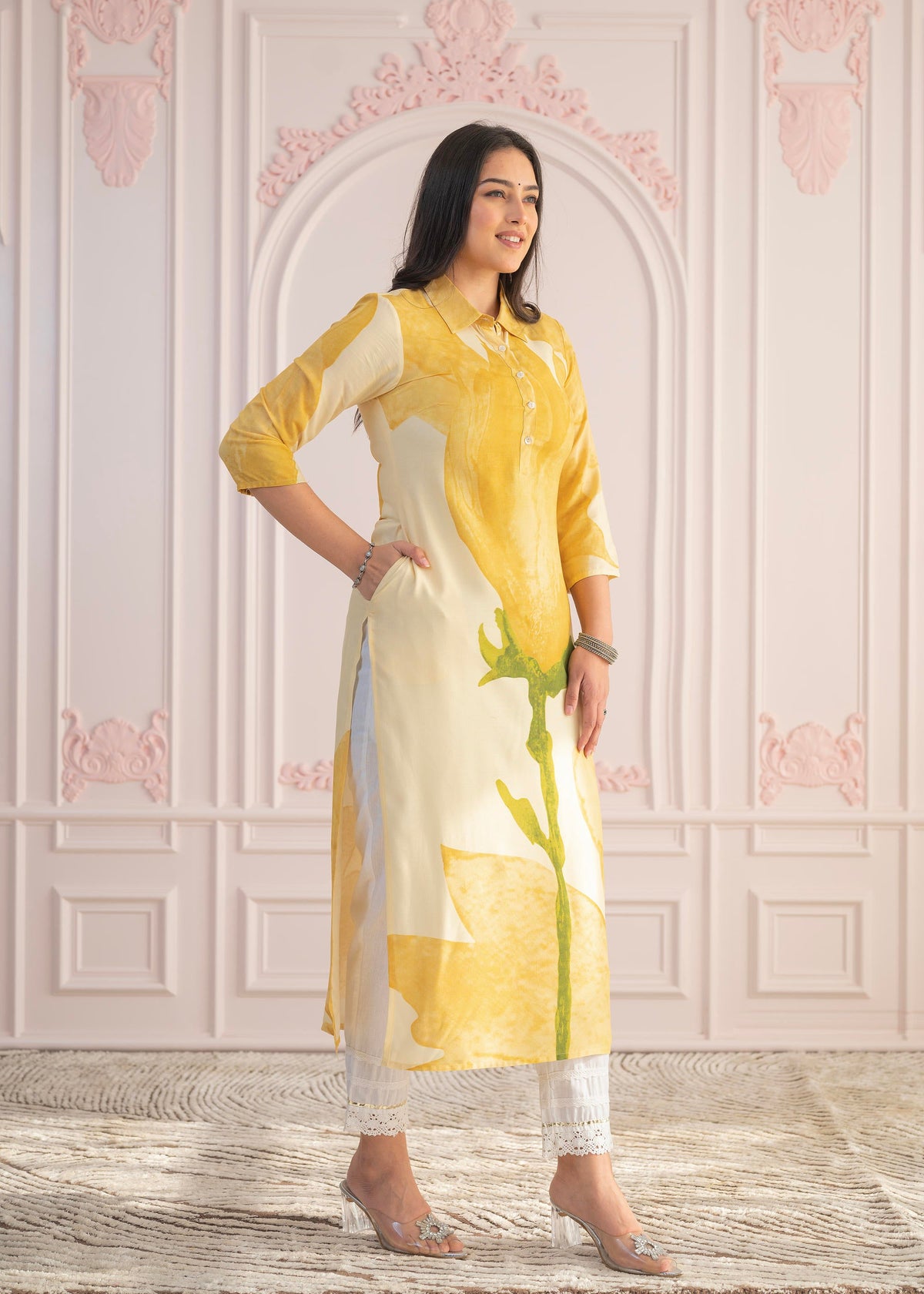Juniper Yellow Floral Printed Viscose Kurta with Button Details - Distacart