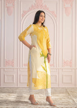 Thumbnail for Juniper Yellow Floral Printed Viscose Kurta With Button Details - Distacart