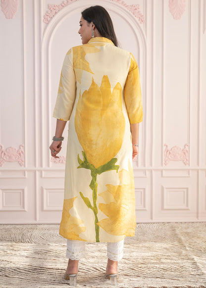 Juniper Yellow Floral Printed Viscose Kurta with Button Details - Distacart