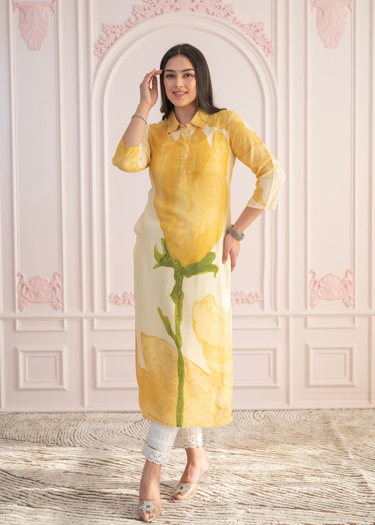 Juniper Yellow Floral Printed Viscose Kurta with Button Details - Distacart