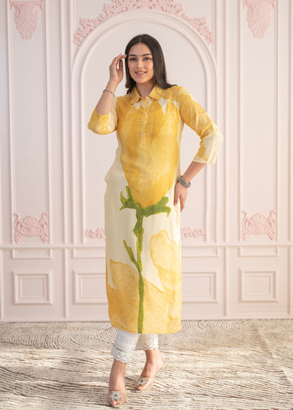 Juniper Yellow Floral Printed Viscose Kurta with Button Details - Distacart