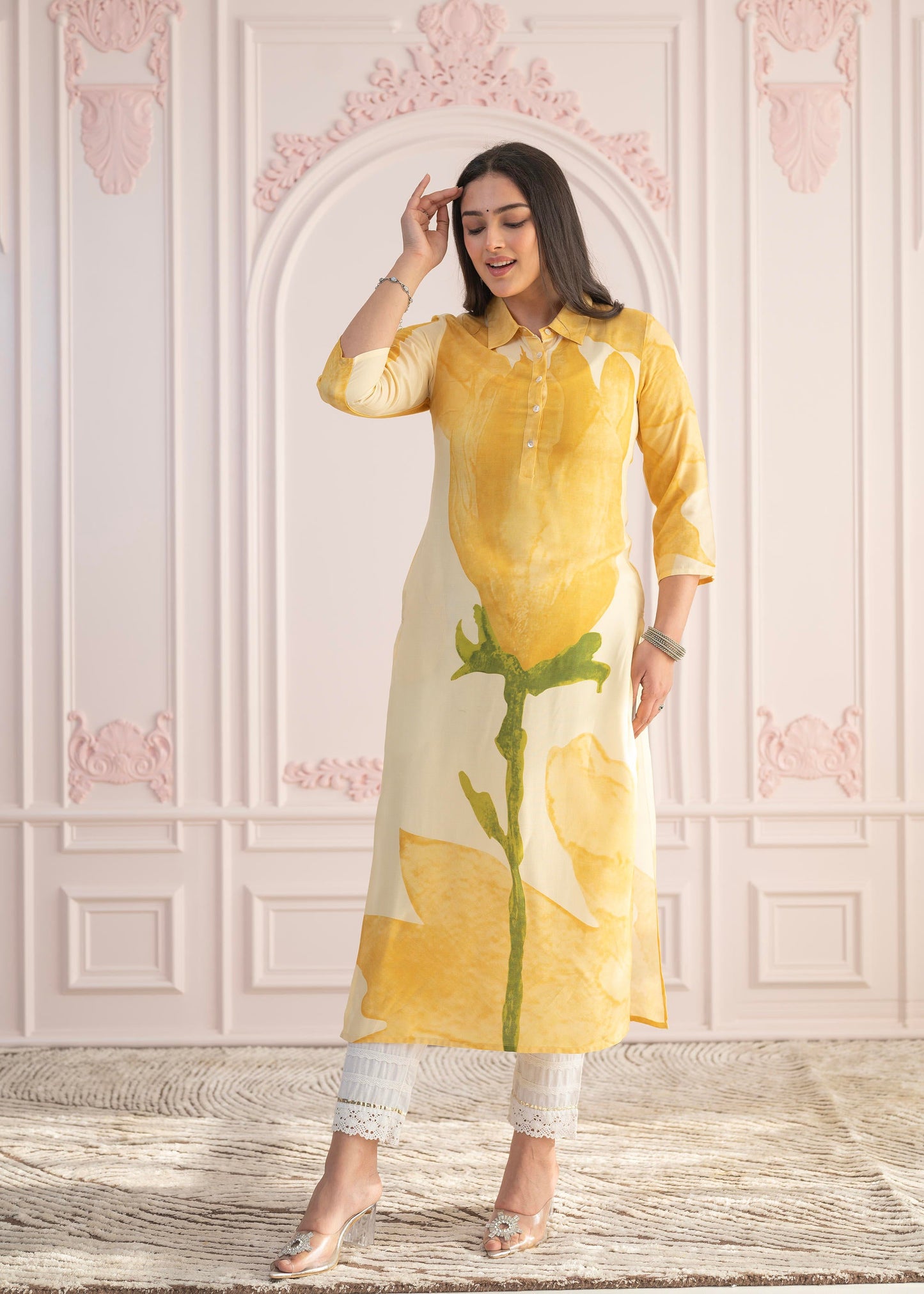 Juniper Yellow Floral Printed Viscose Kurta with Button Details - Distacart